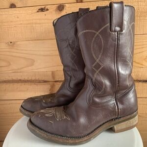 Double H Steel Toe Western Work Boot‎ Mens 8.5 Worn Distressed Brown Stitched HH